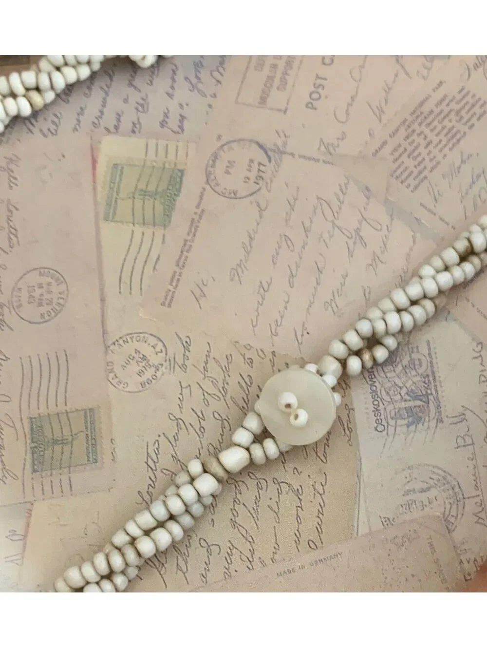 Vintage Carved Shell Tropical / Artisan Flower & Twisted Bead Statement Necklace